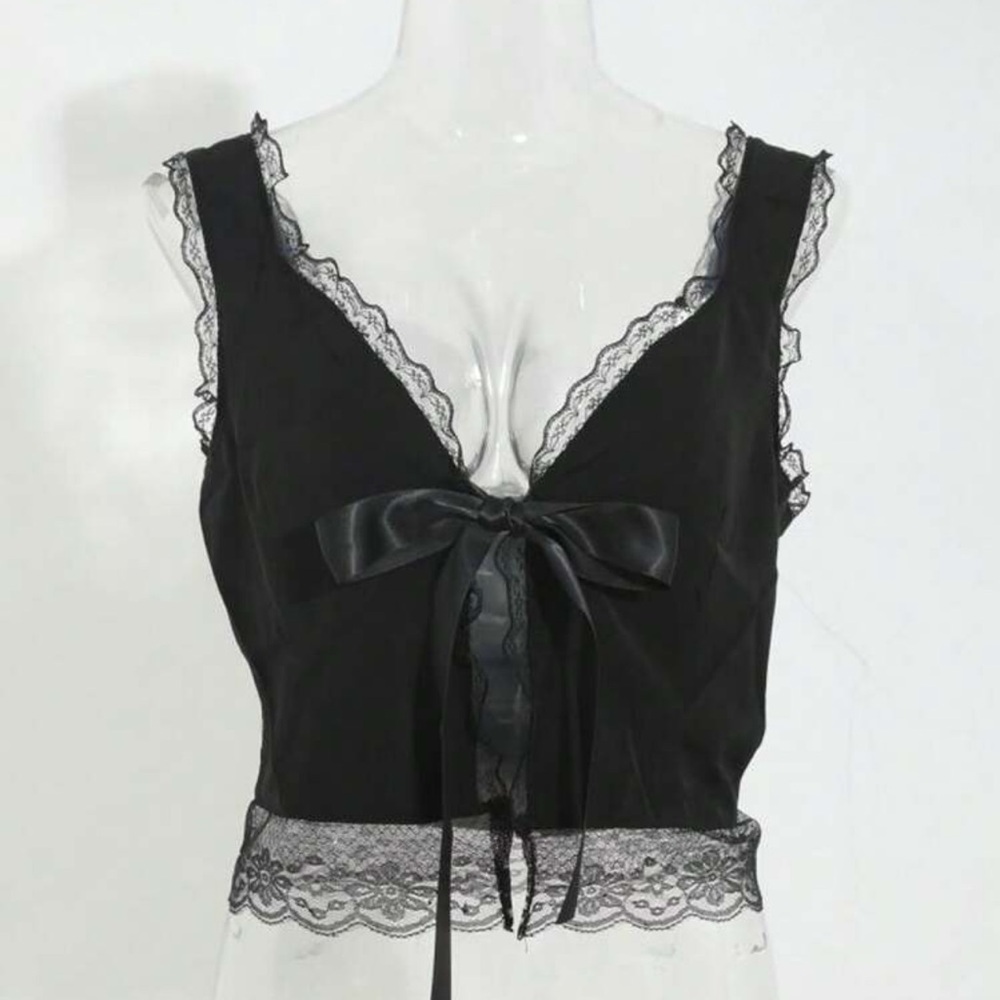 SHEIN Black Lace Chemise with Satin Bow